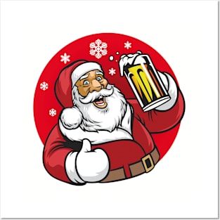 Merry Christmas Santa Grabbing Beer Jar Snowflakes Posters and Art